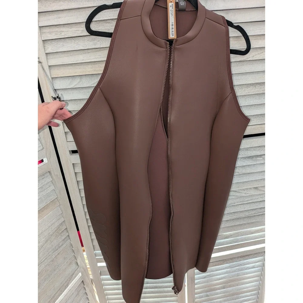SKIMS Faux Leather Mock Neck Swim Dress Espresso Brown‎ Full Zip Racerback NEW